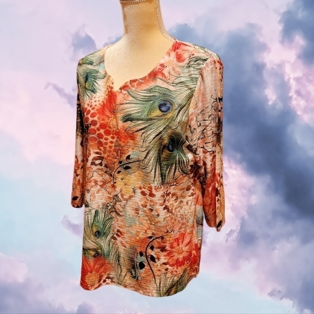 Blue Mood Womens Top Size Large Peacock textured 3/4 Sleeve Blouse Shirt T47